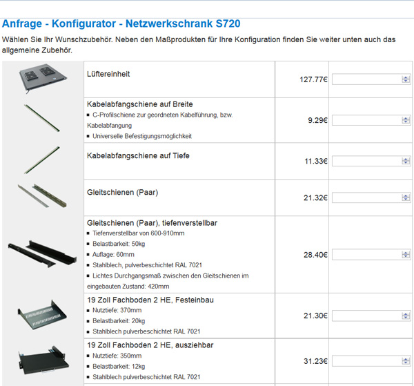 Konfigurator-Zubehör Zubehör für den 19 Zoll Netzwerkschrank S720 im Konfigurator mit Preisen