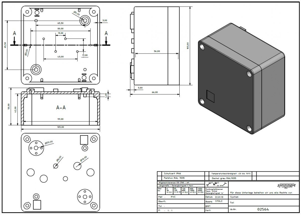 Industriegehaeuse 105 x 105 x 66 mm Schutzart IP 66 PVC