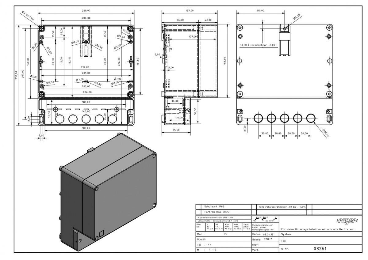 Industriegehaeuse 230 x 220 x 126 mm Schutzart IP 66 PC