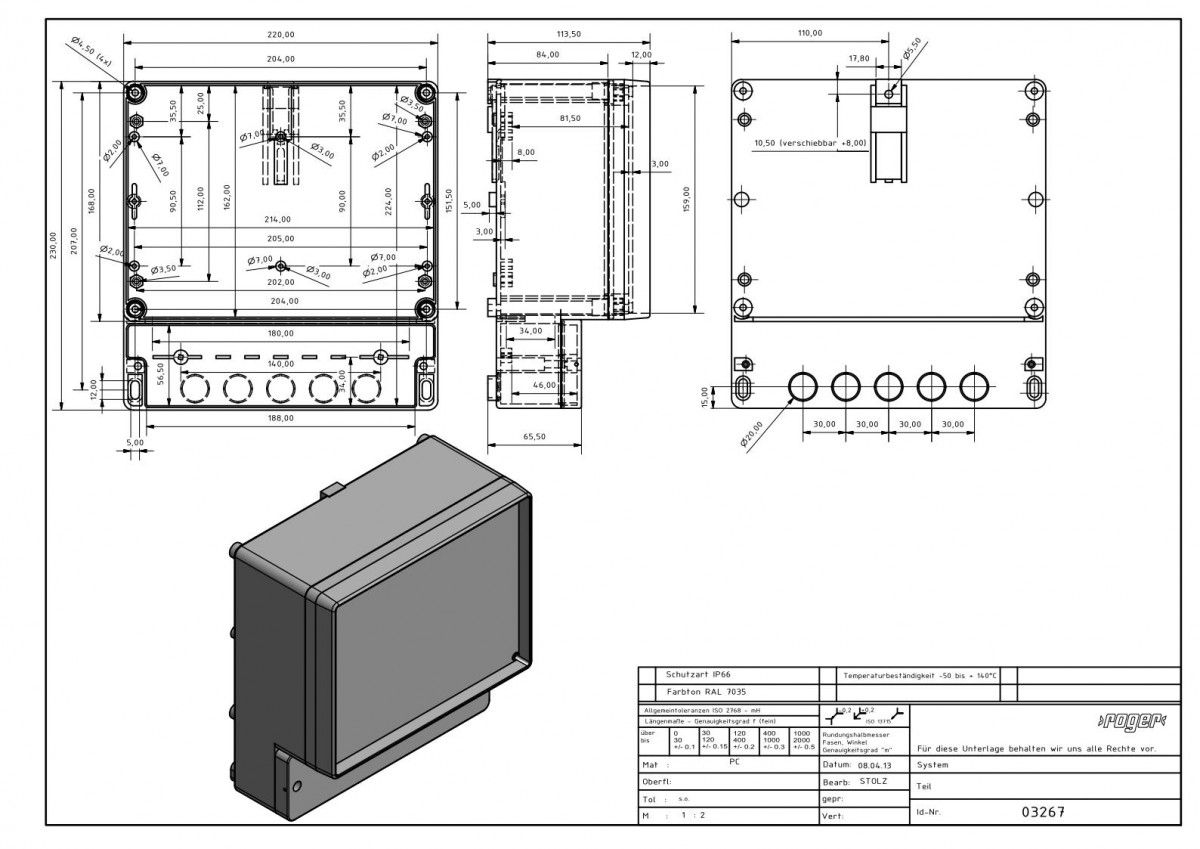 Industriegehaeuse 230 x 220 x 112 mm Schutzart IP 66 PC