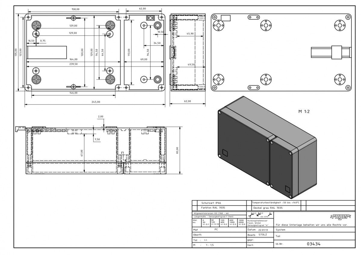 Industriegehaeuse 245 x 135 x 83 mm Schutzart IP 66 PC