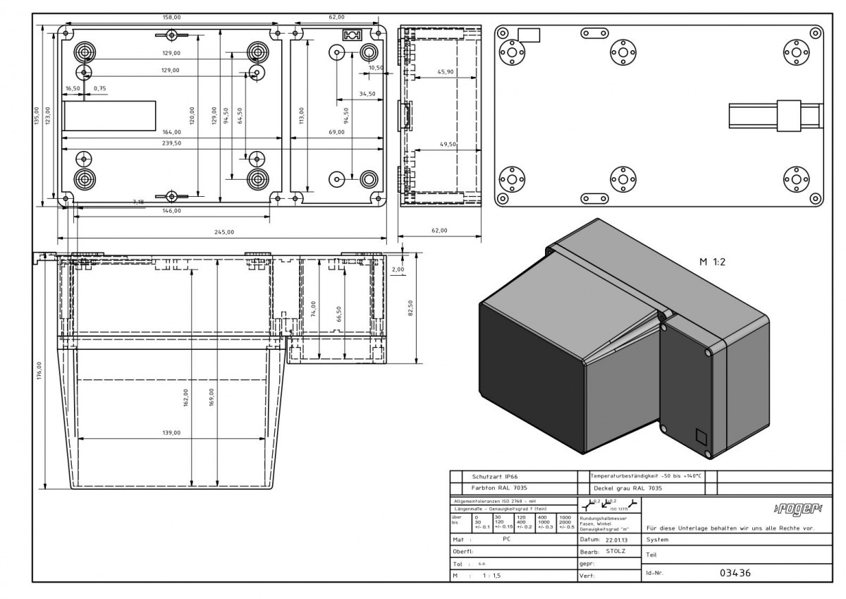 Industriegehaeuse 245 x 135 x 176 mm Schutzart IP 66 PC