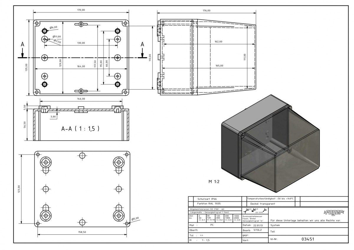 Industriegehaeuse 170 x 135 x 176 mm Schutzart PC