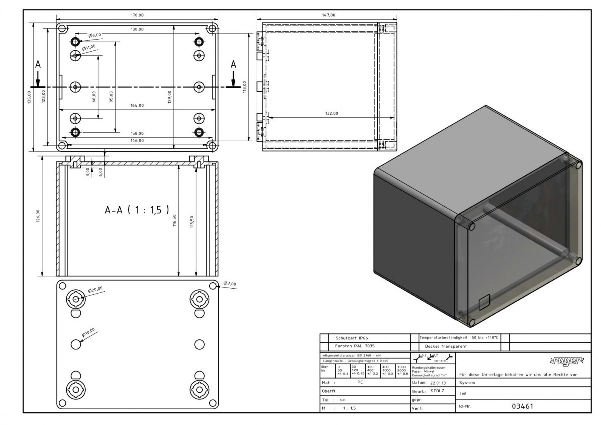 Industriegehaeuse 170 x 135 x 147 mm Schutzart IP 66 PC