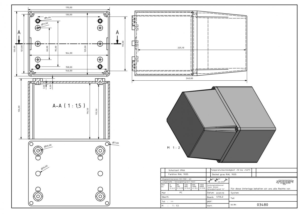 Industriegehaeuse 170 x 135 x 241 mm Hoher Deckel Schutzart IP 66 PC