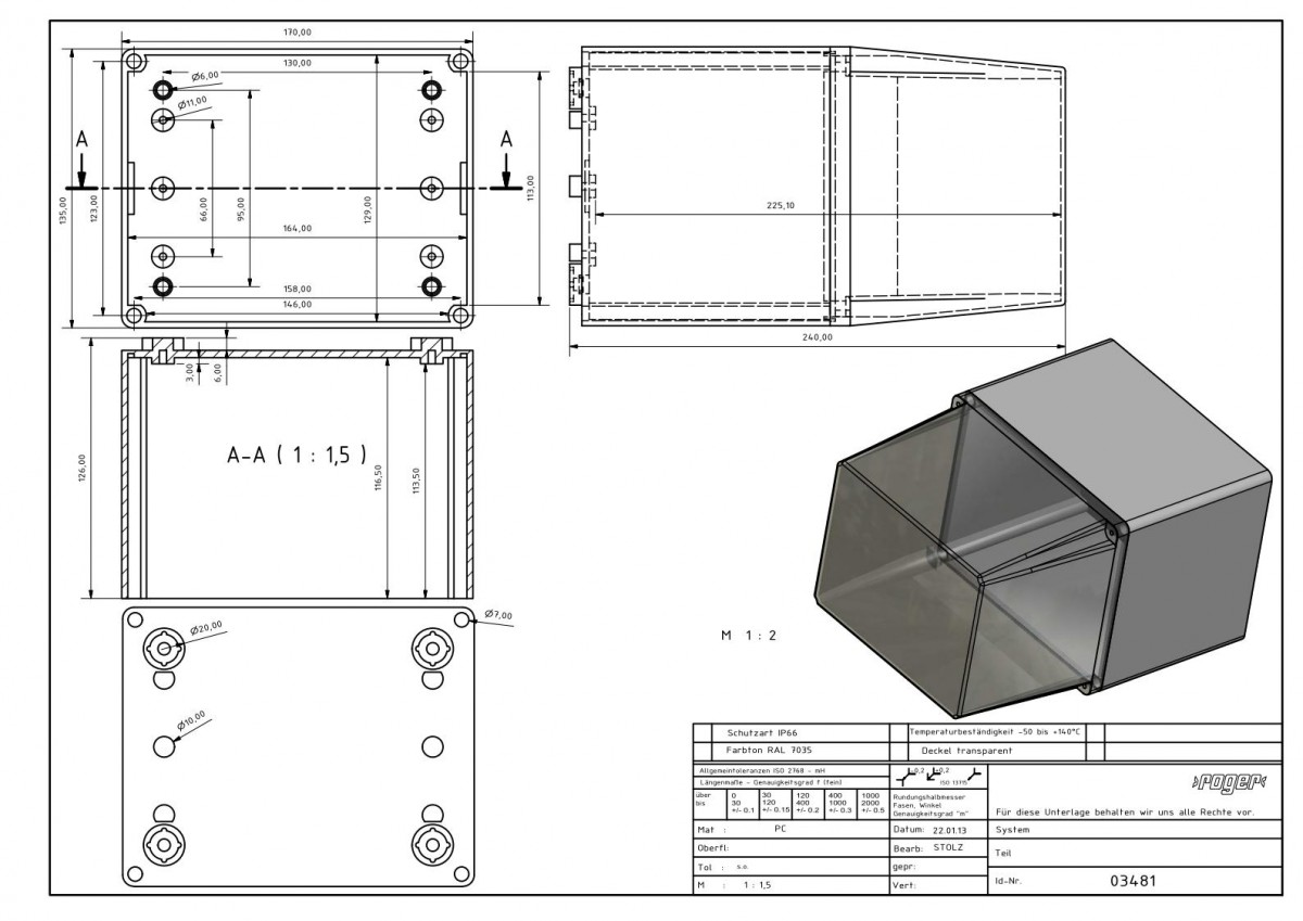 Industriegehaeuse 170 x 135 x 240 mm Schutzart IP 66 PC