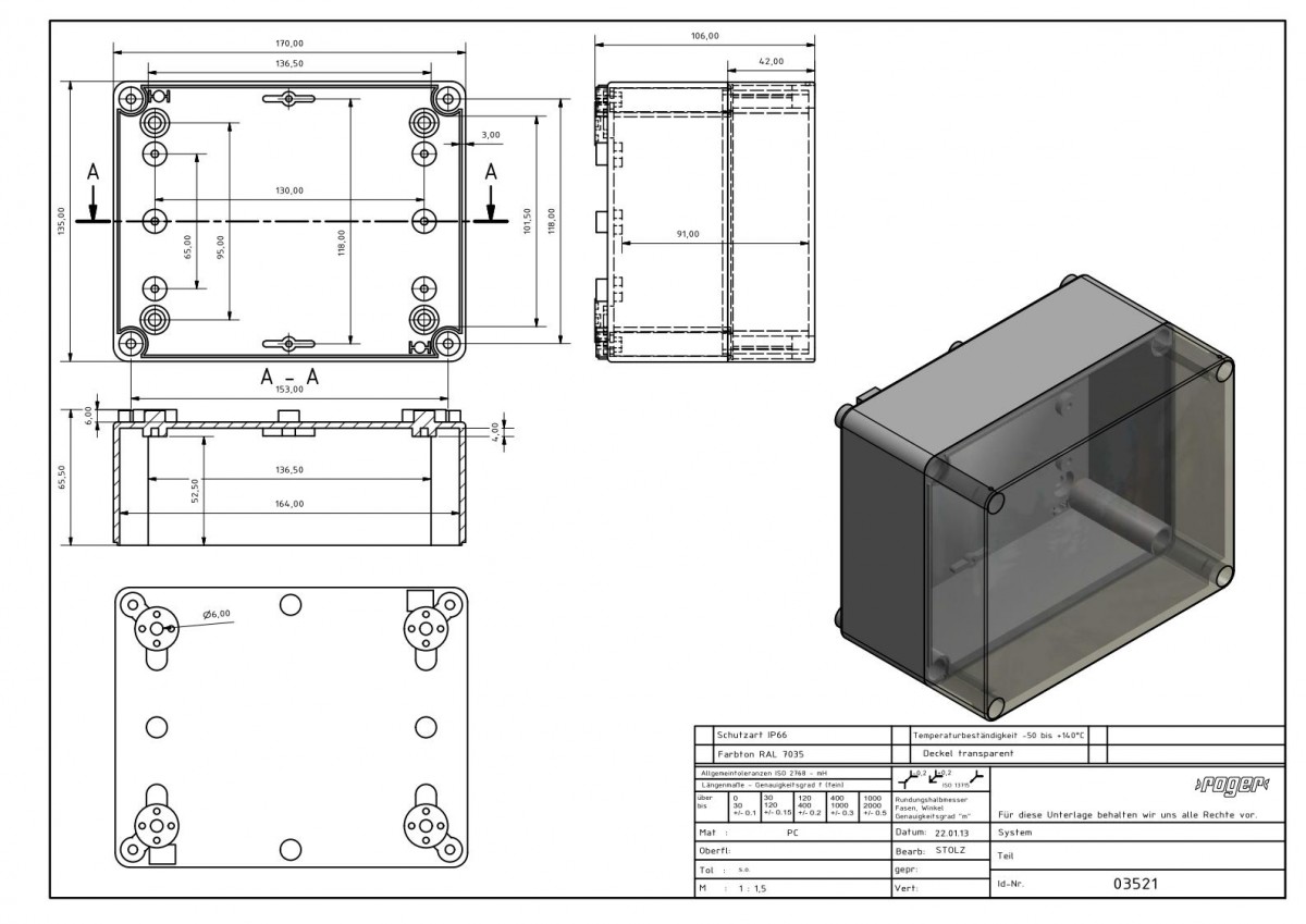 Industriegehaeuse 170 x 135 x 106 mm Schutzart IP 66 PC