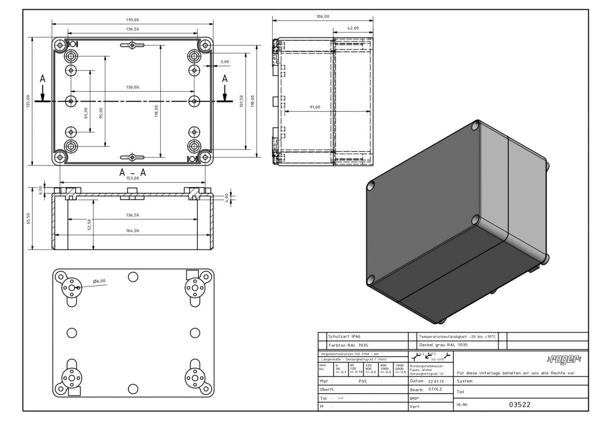 Industriegehaeuse 170 x 135 x 107 mm Schutzart IP 66 PVC