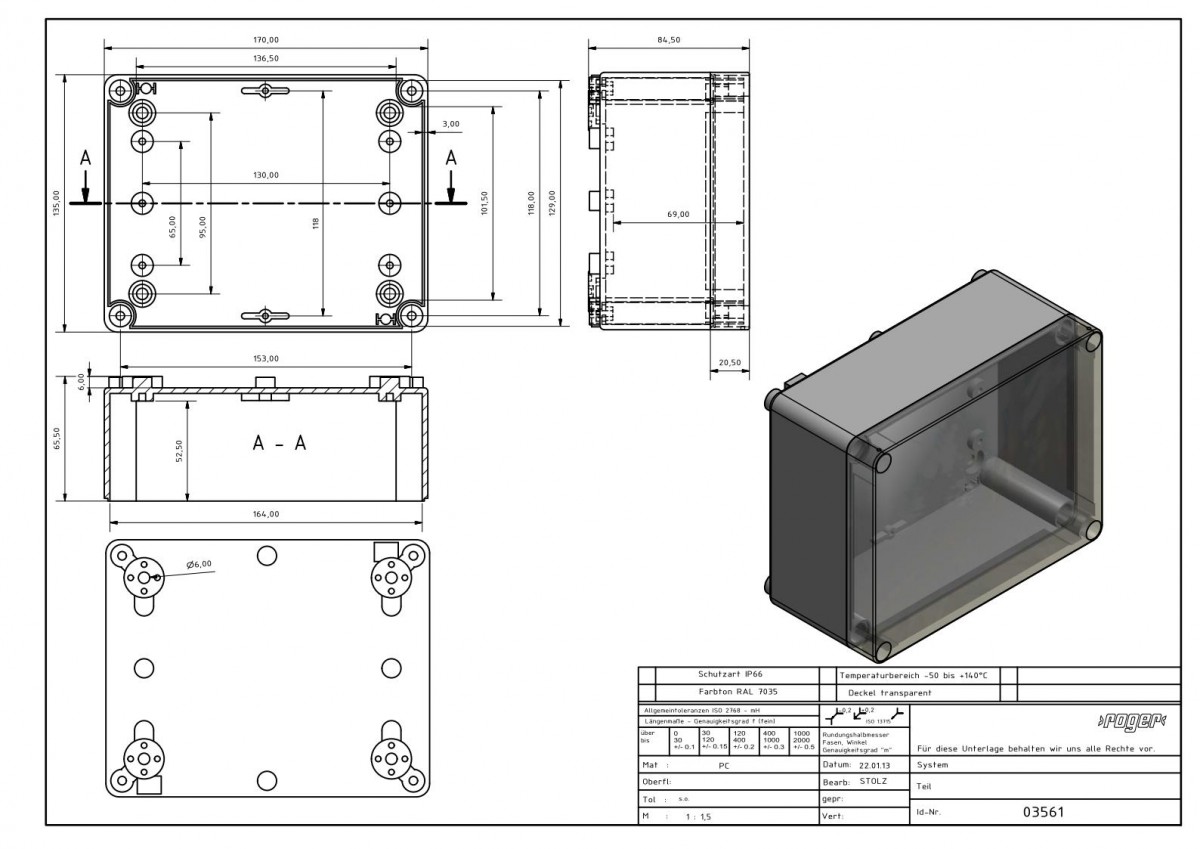 Industriegeaeuse 170 x 135 x 85 mm Schutzart IP 66 PC