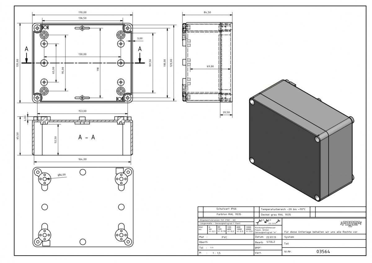 Industriegehaeuse 170 x 135 x 85 mm Schutzart IP 66 PVC