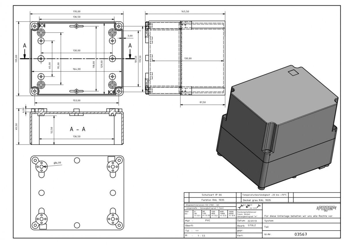 Industriegehaeuse170 x 135 x 145 mm Schutzart IP 66 PVC