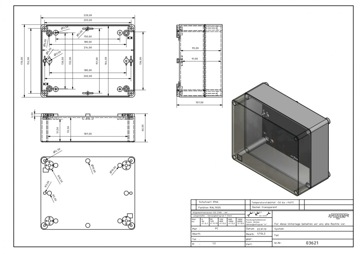 Industriegehaeuse 220 x 170 x 107 mm Schutzart IP 66 PC