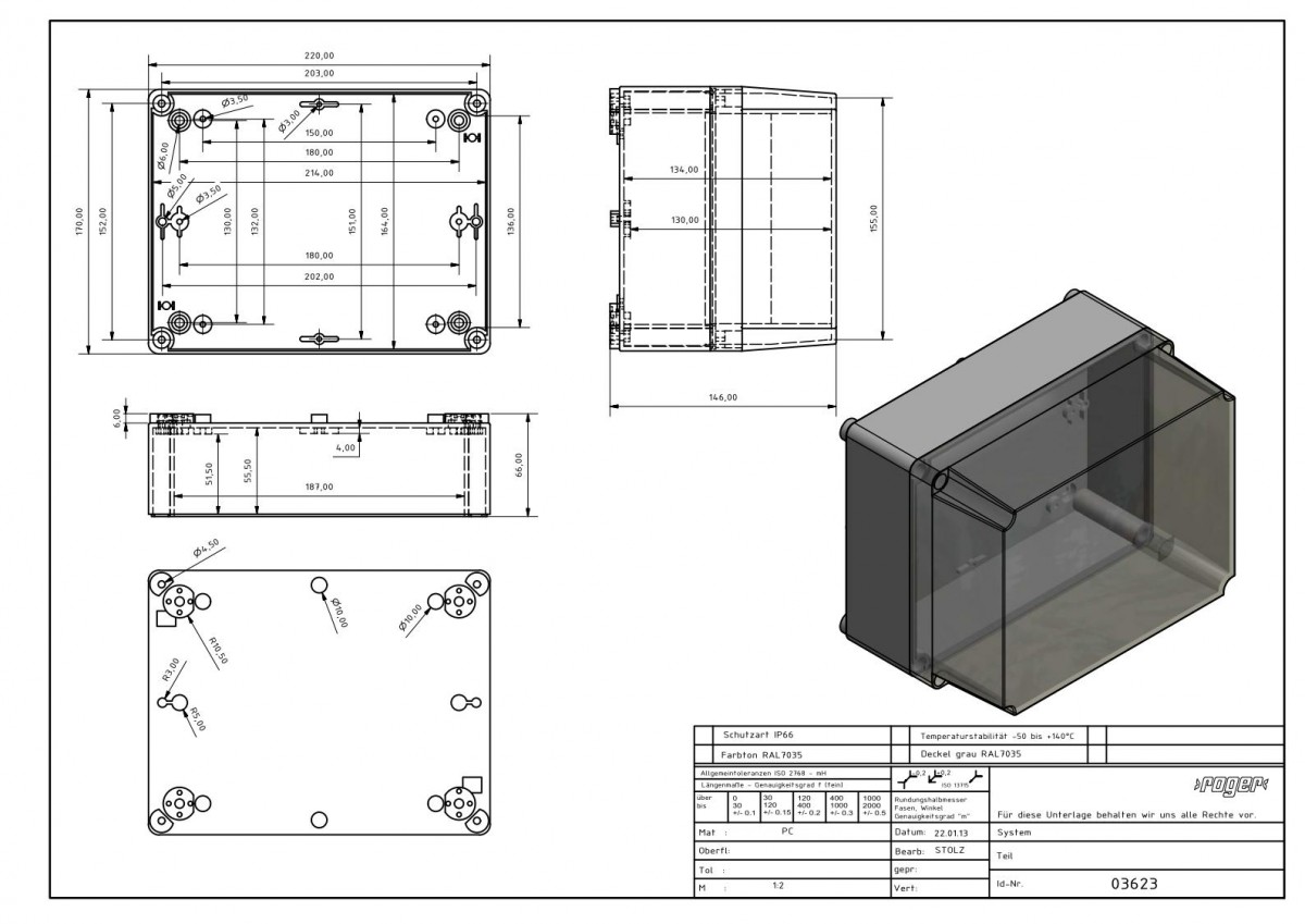 Industriegehaeuse 220 x 170 x 146 mm Schutzart IP 66 PC