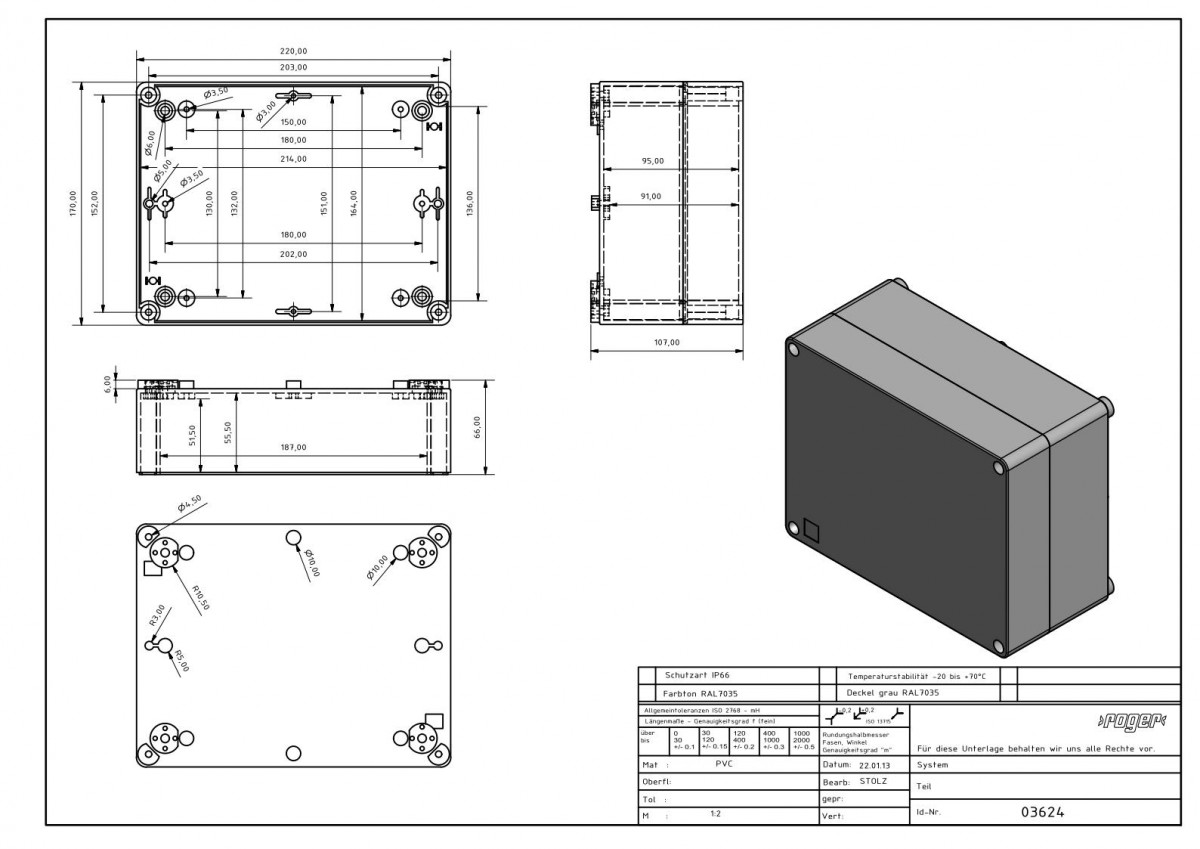 Industriegehaeuse 220 x 170 x 107 mm Schutzart IP 66 PVC