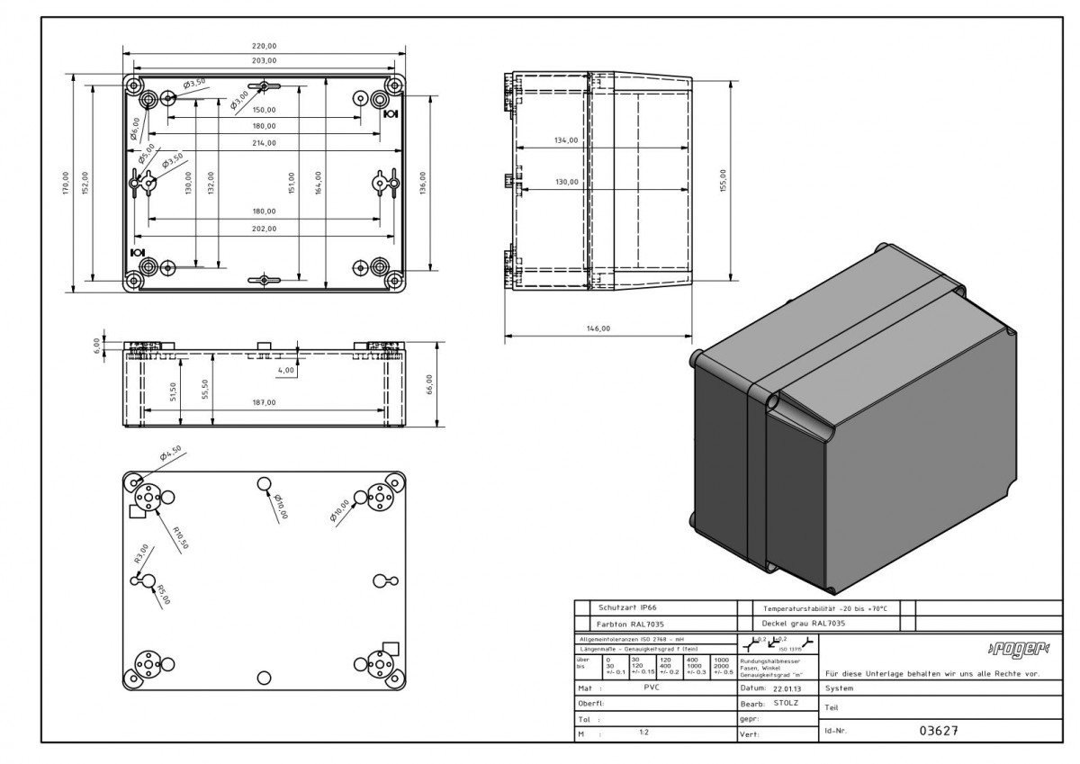 Industriegehaeuse 220 x 170 x 146mm Schutzart IP 66 PVC