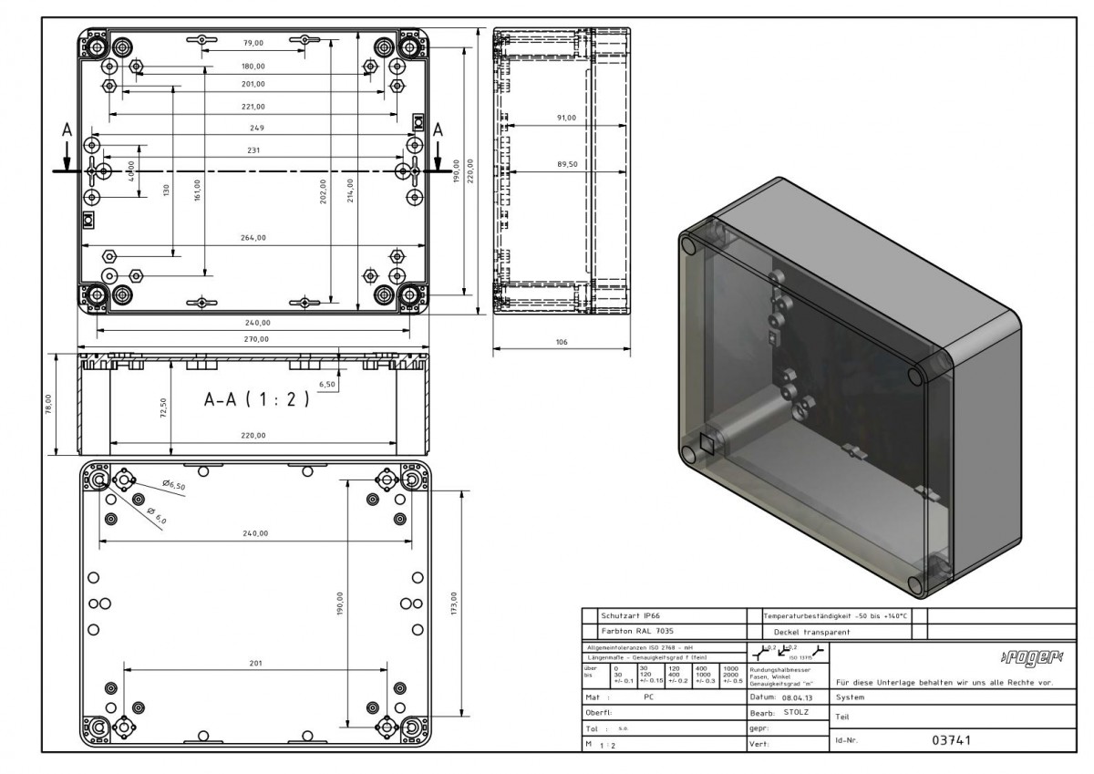 Industriegehaeuse 70 x 220 x 106 mm Schutzart IP 66 PC