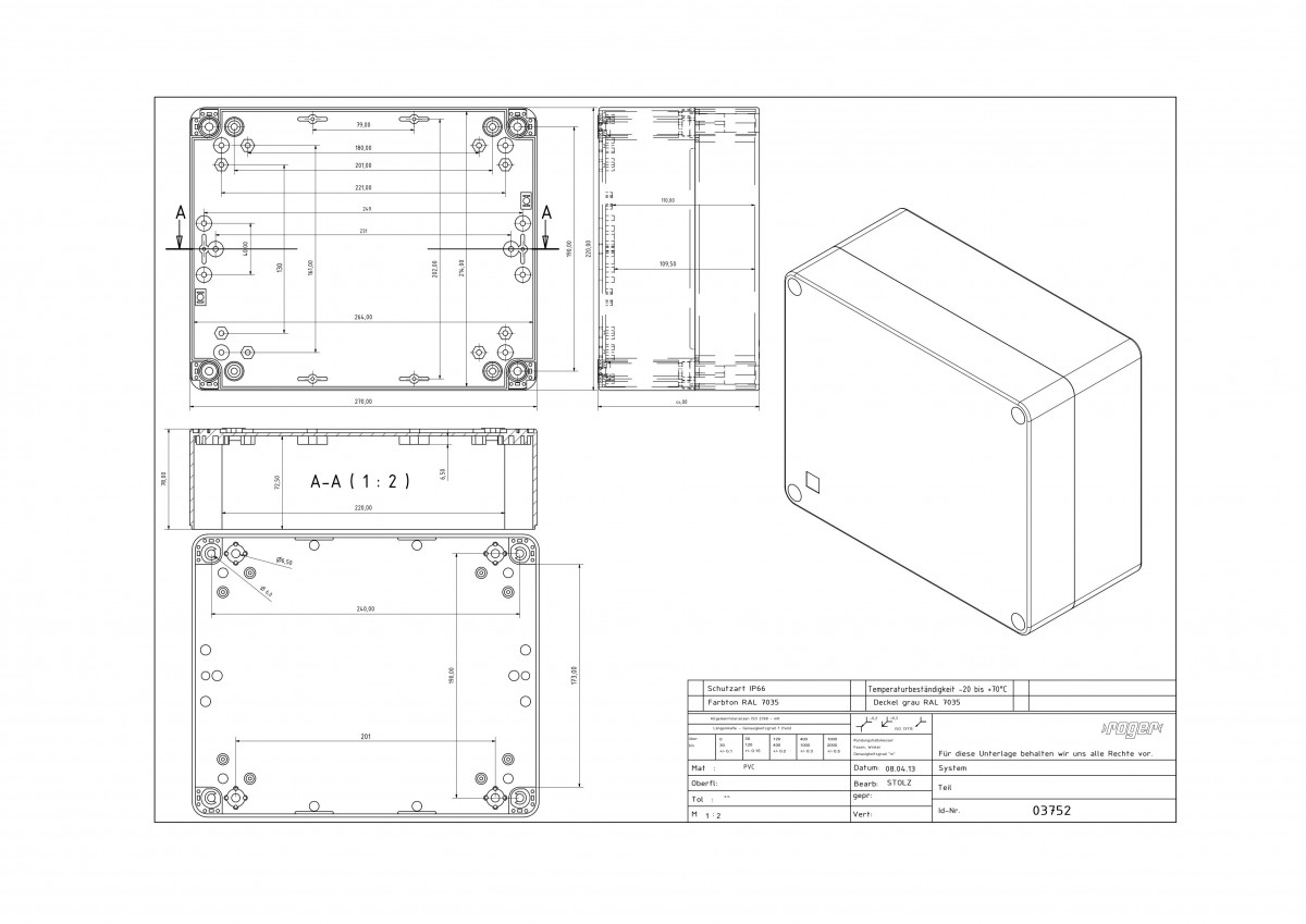 Industriegehaeuse 270 x 220 x 126 mm Schutzart IP 66 PVC