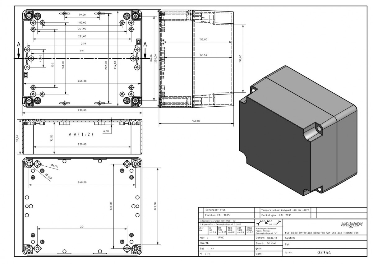 Industriegehaeuse 270 x 220 x 168 mm Schutzart IP 66 PVC