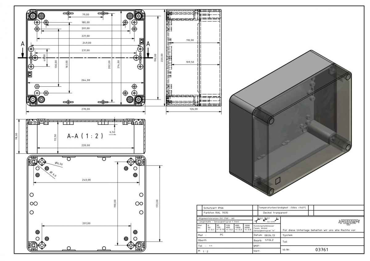 Industriegehaeuse 270 x 220 x 126 mm Schutzart IP 66 PC