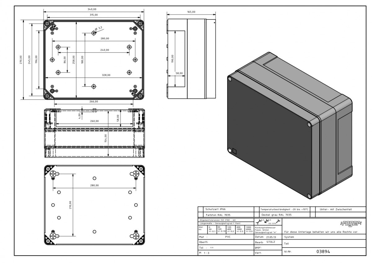 Industriegehaeuse 340 x 270 x 165 mm Schutzart IP 66 PVC