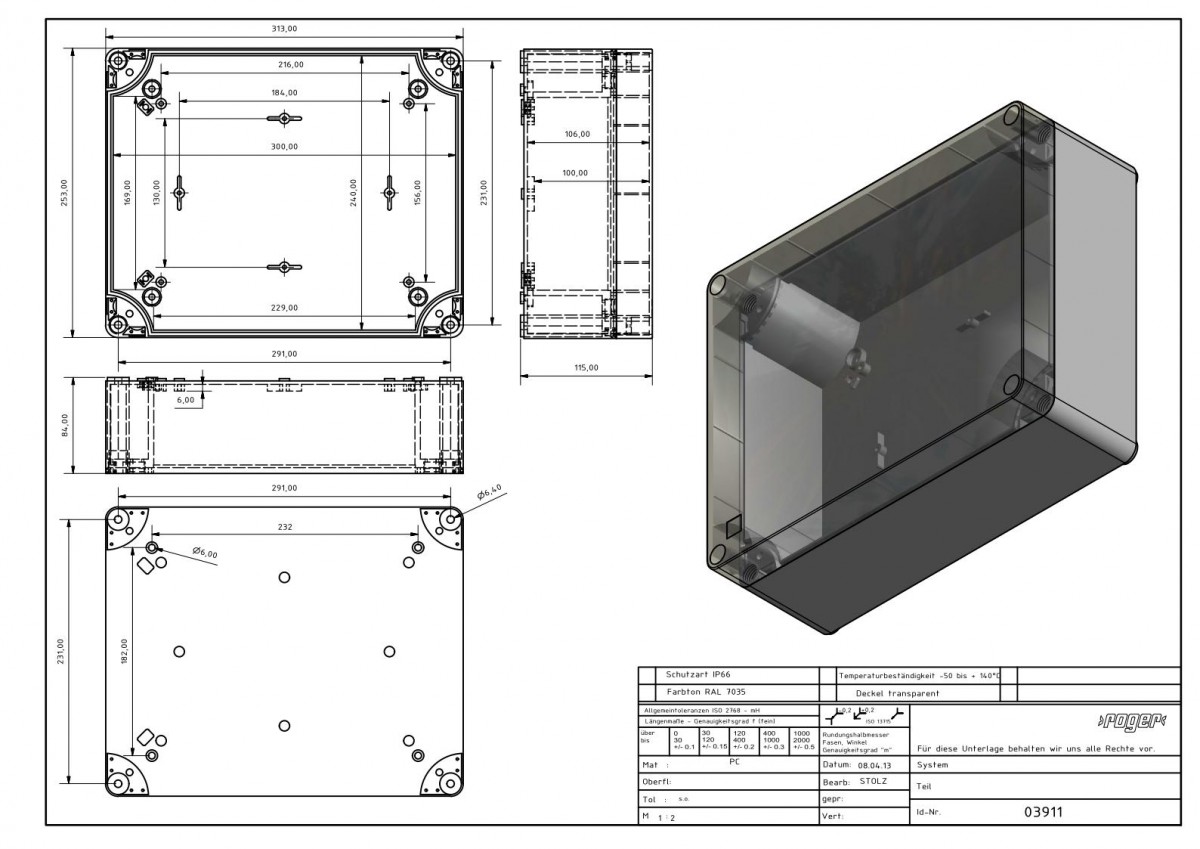 Industriegehaeuse 313 x 253 x 115 mm Schutzart IP 66 PC