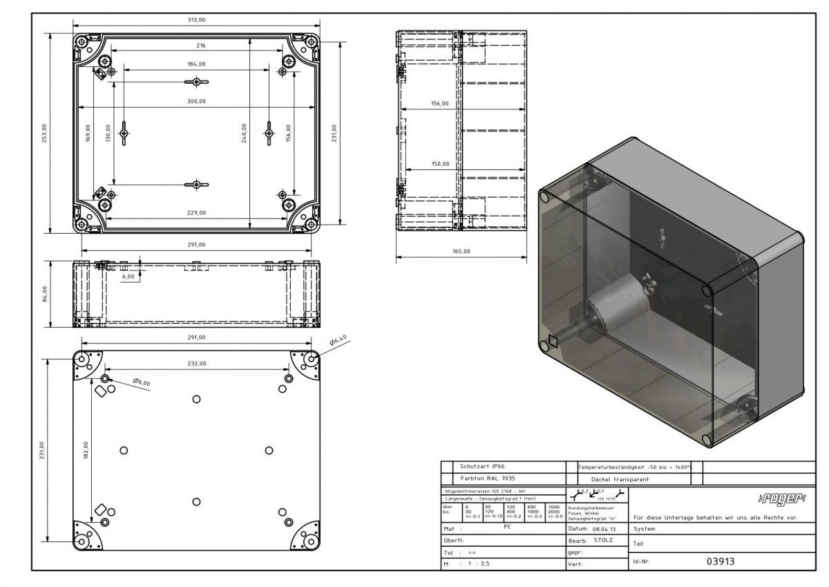 Industriegehaeuse 313 x 253 x 165 mm Schutzart IP 66 PC