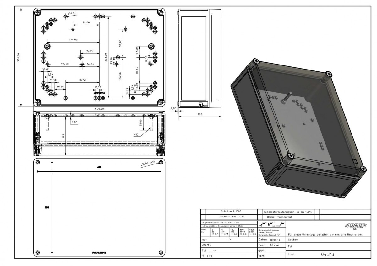 Industriegehaeuse 440 x 330 x 144 mm Schutzart IP 66 PC