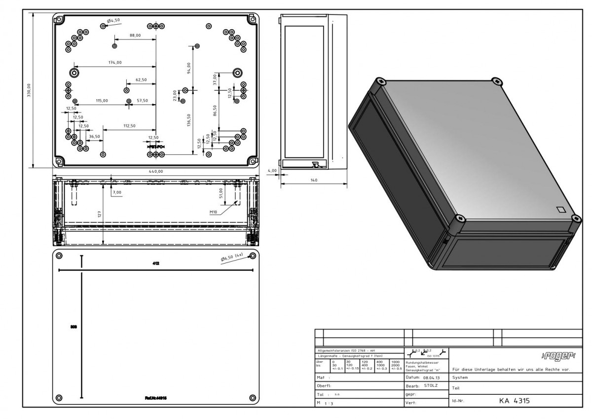 Industriegehaeuse 440 x 330 x 145 mm Schutzart IP 66 PC