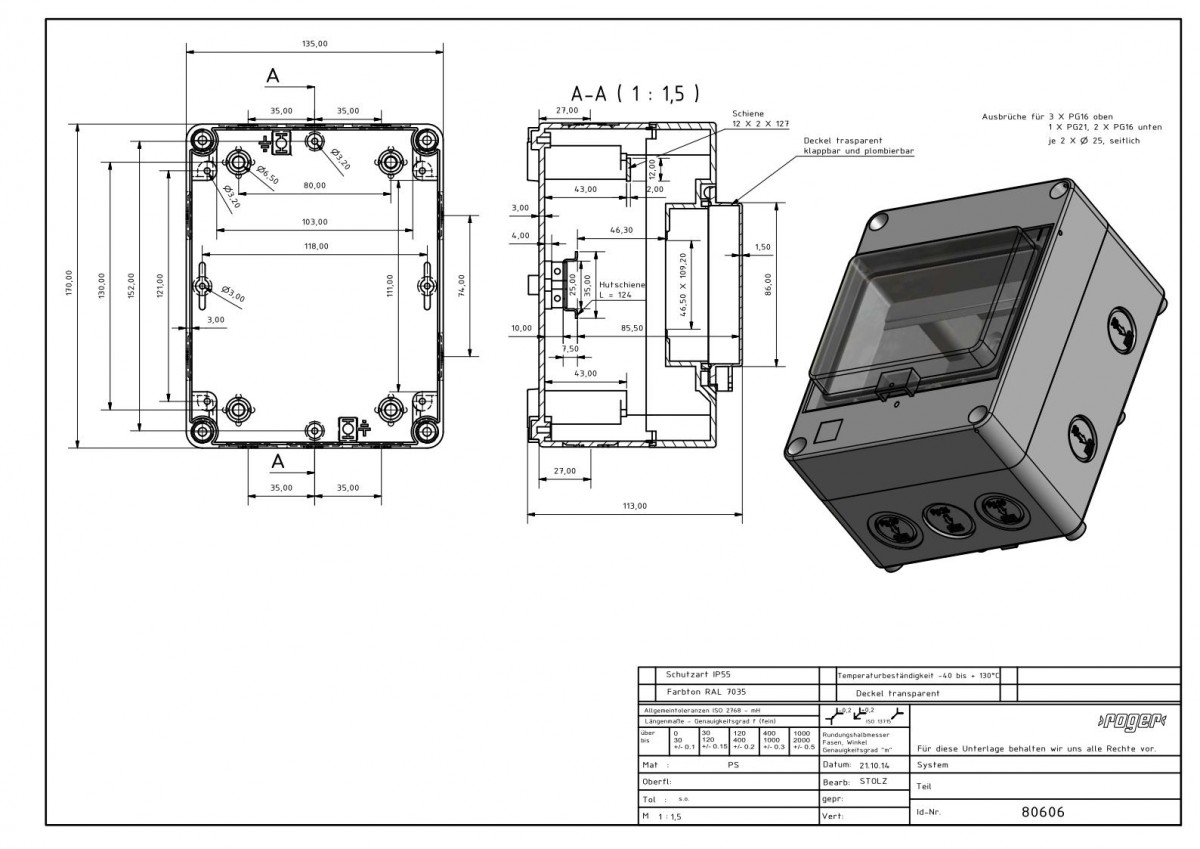 Automatengehäuse 170 x 135 x 112 mm Schutzart IP 55 PS