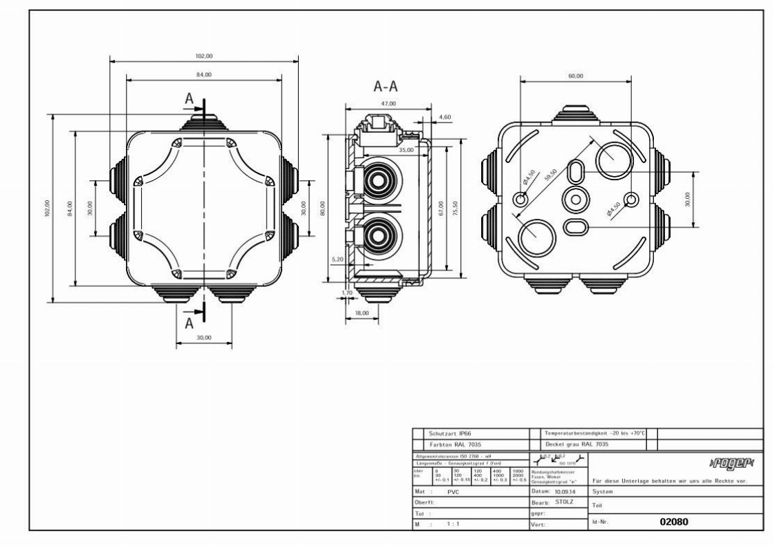 PP Gehaeuse 102 x 102 x 47 mm Schutzart IP 55