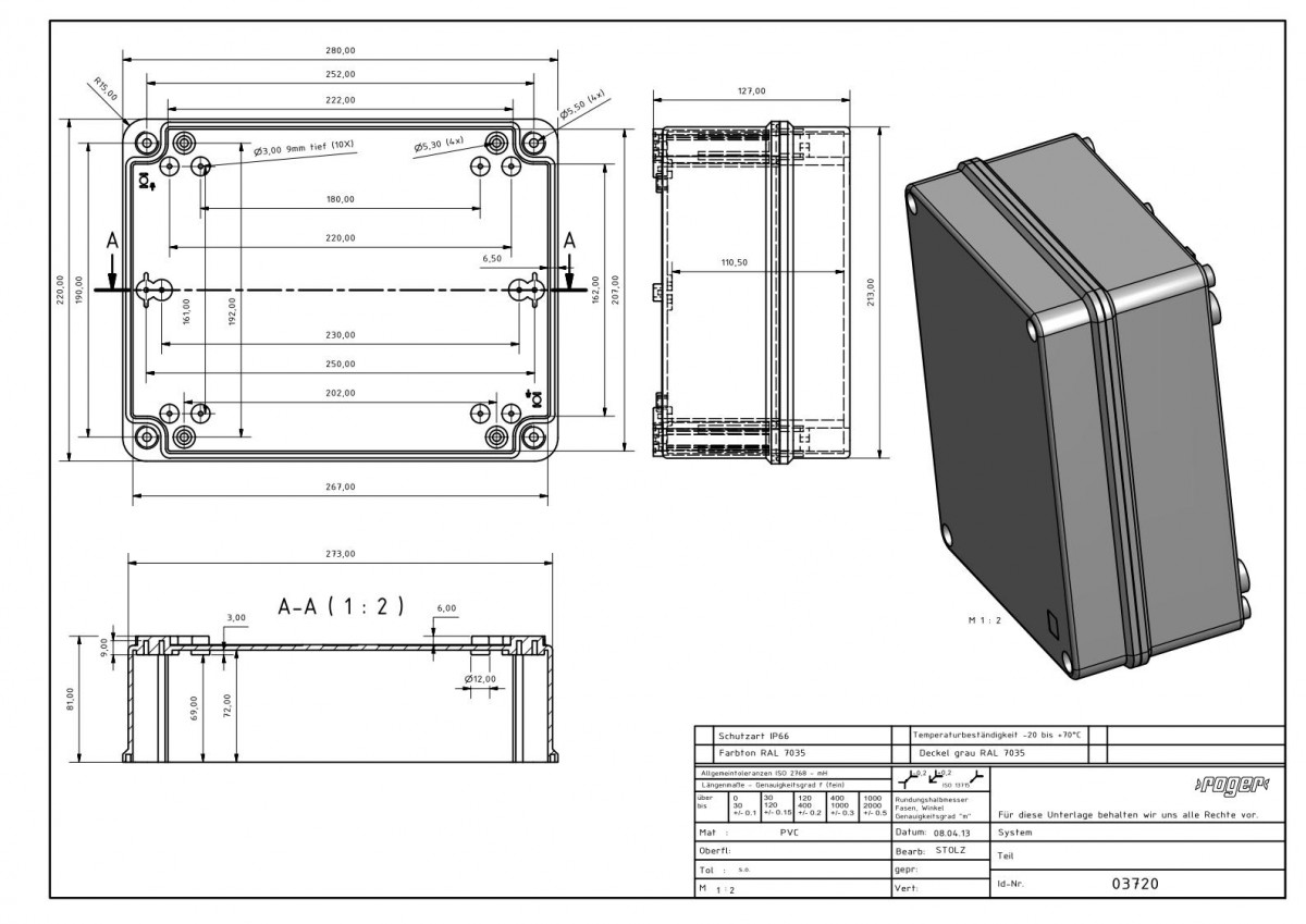 PVC Gehaeuse 280 x 220 x 127 mm Schutzart IP 66