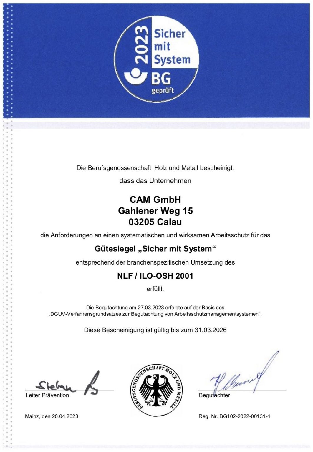 Zertifikat Sicher mit System CAM 2023 caleg group